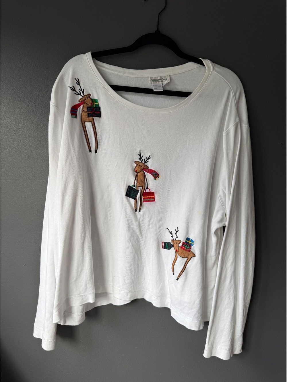 Coldwater Creek White Cotton Long Sleeve Shirt with Reindeer Embroidery, Size 3X